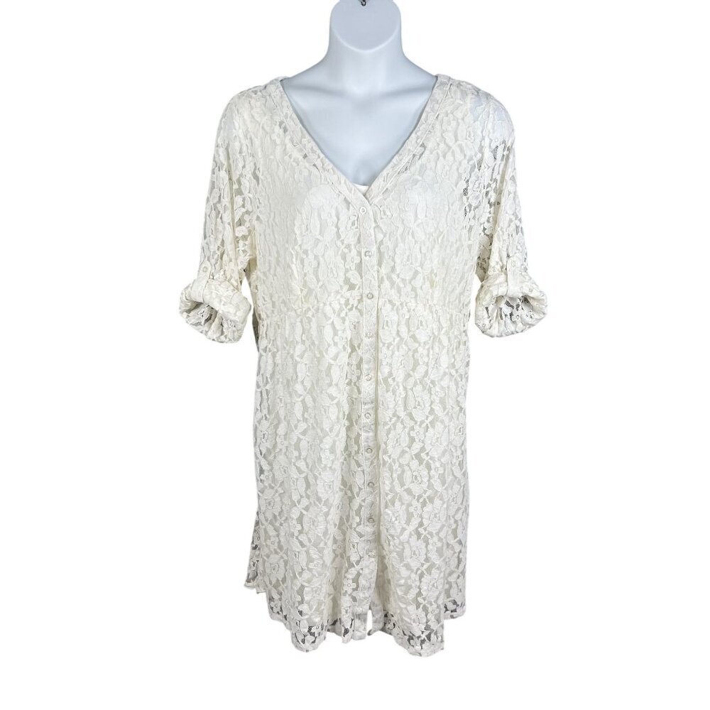 Torrid 2X NWT Womens White Lace Overlay Button-Front Shirt Dress Roll Tab Sleeve